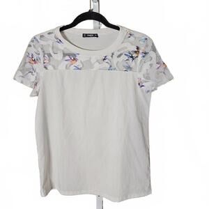 Shein White Short Sleeve T-Shirt with Floral Mesh Detail